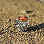 Antique French Art Nouveau Sterling Silver Amber Brooch Pin, Floral Motifs, Polished Amber Cabochon,