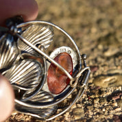 Antique French Art Nouveau Sterling Silver Amber Brooch Pin, Floral Motifs, Polished Amber Cabochon,
