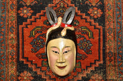 Antique Hand Carved & Painted Wood Japanese Snake Bunny Woman Noh Kabuki Mask, Natural Pigments, Eclectic Home Decor, 15 1/4"