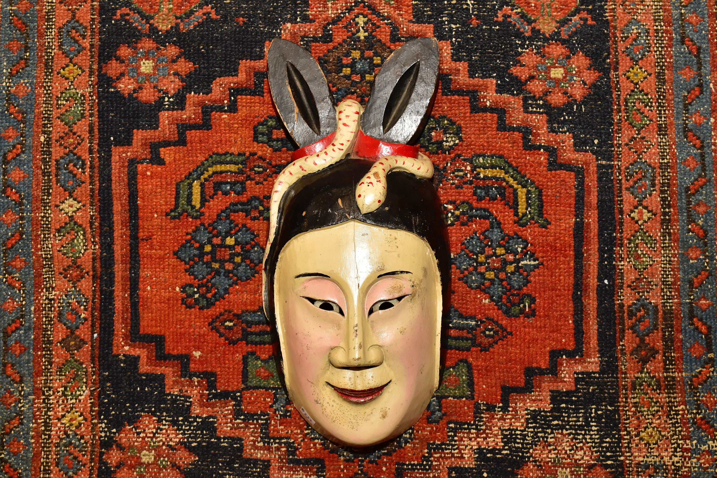 Antique Hand Carved & Painted Wood Japanese Snake Bunny Woman Noh Kabuki Mask, Natural Pigments, Eclectic Home Decor, 15 1/4"