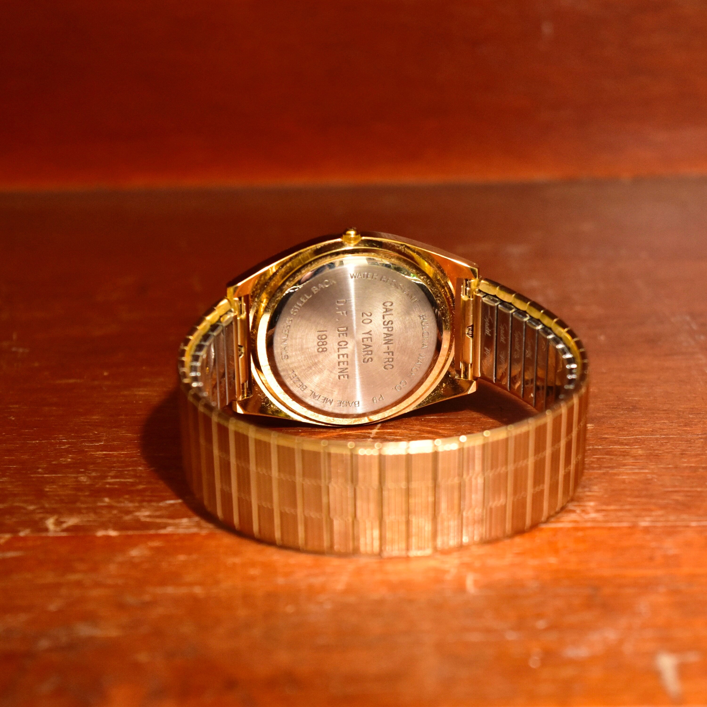 Vintage 1988 Bulova Accutron Gold Tone Swiss Quartz Day/Date Wristwatch W/ Original Box & Papers, Speidel Two-Tone Stretch Band, 7"