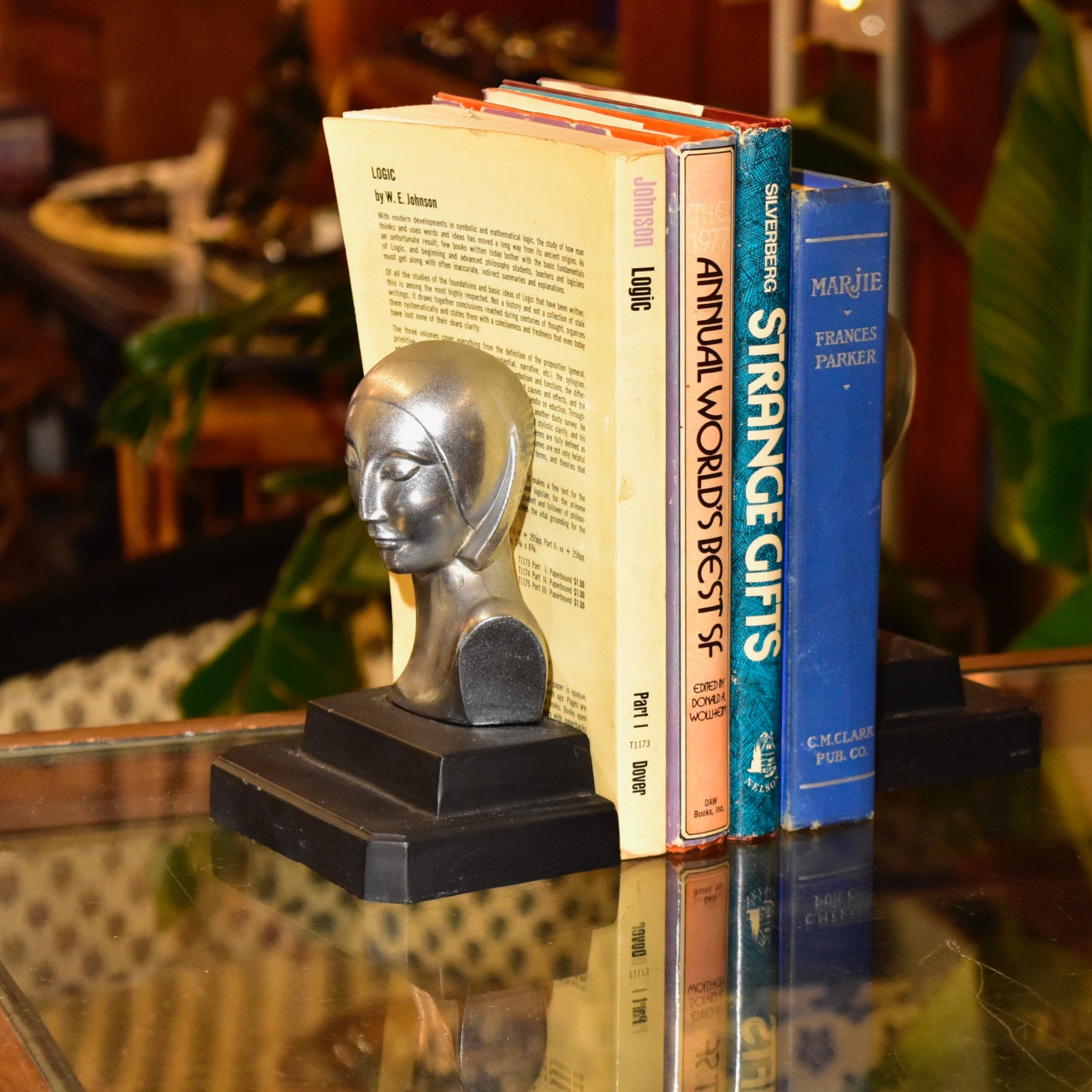 Vintage Art Deco Ladys Bust Bookends After Frankhart Indiana Collectibles, Styled Figural Bookends, Silver & Black, 6 H