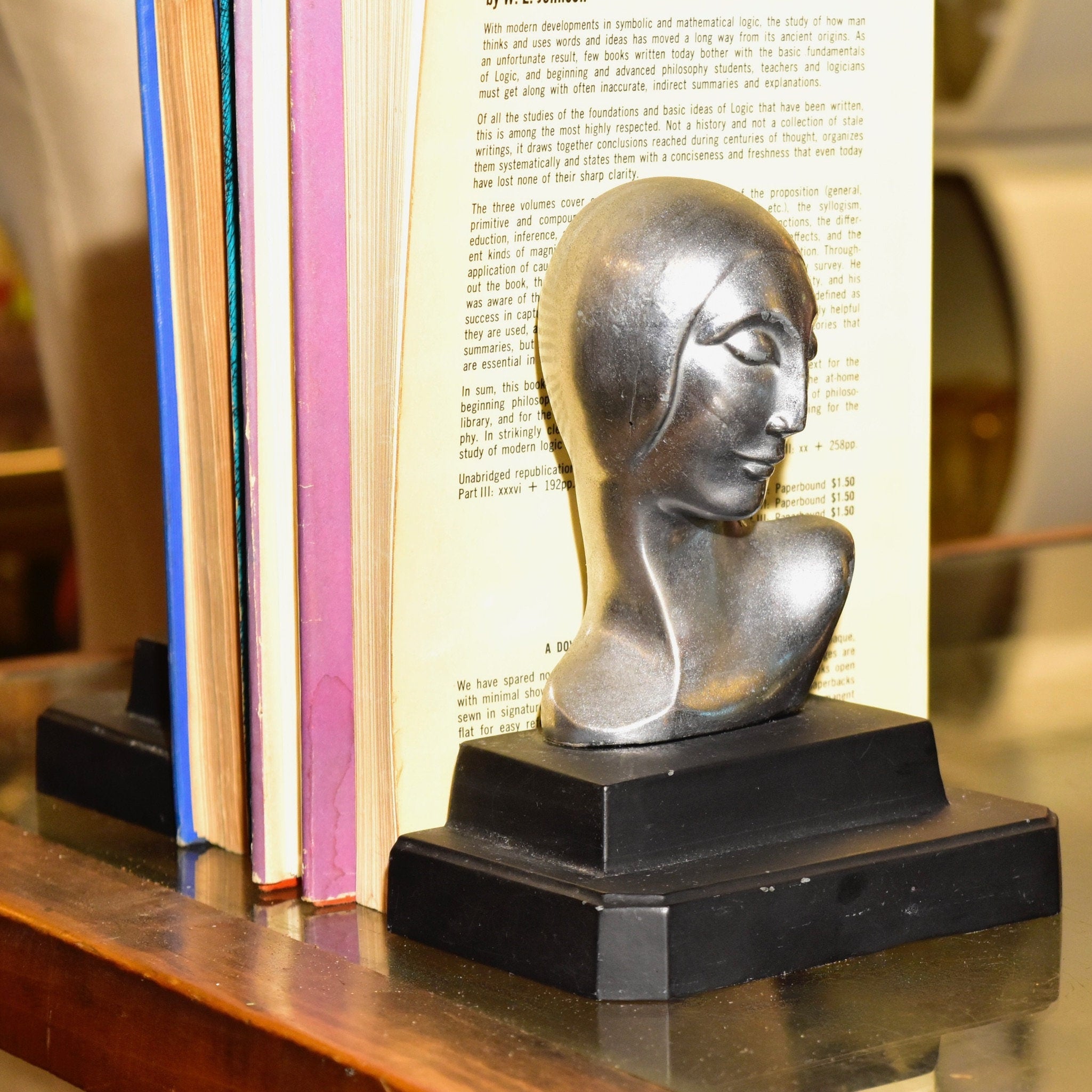 Vintage Art Deco Ladys Bust Bookends After Frankhart Indiana Collectibles, Styled Figural Bookends, Silver & Black, 6 H