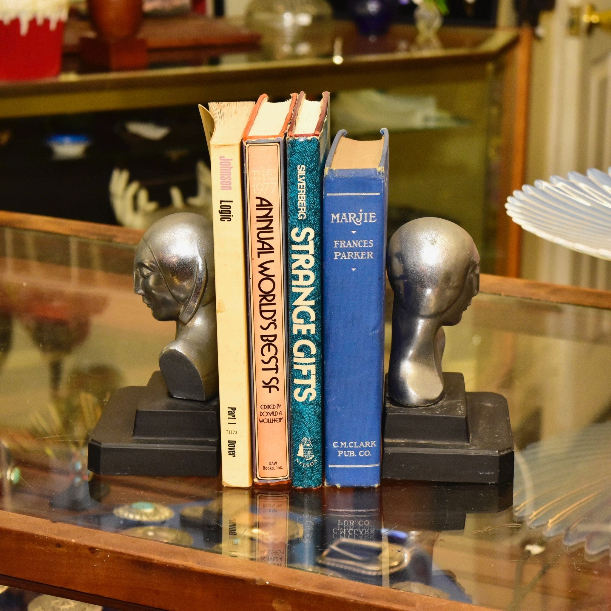 Vintage Art Deco Ladys Bust Bookends After Frankhart Indiana Collectibles, Styled Figural Bookends, Silver & Black, 6 H