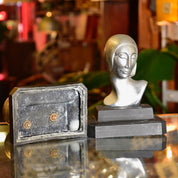 Vintage Art Deco Ladys Bust Bookends After Frankhart Indiana Collectibles, Styled Figural Bookends, Silver & Black, 6 H
