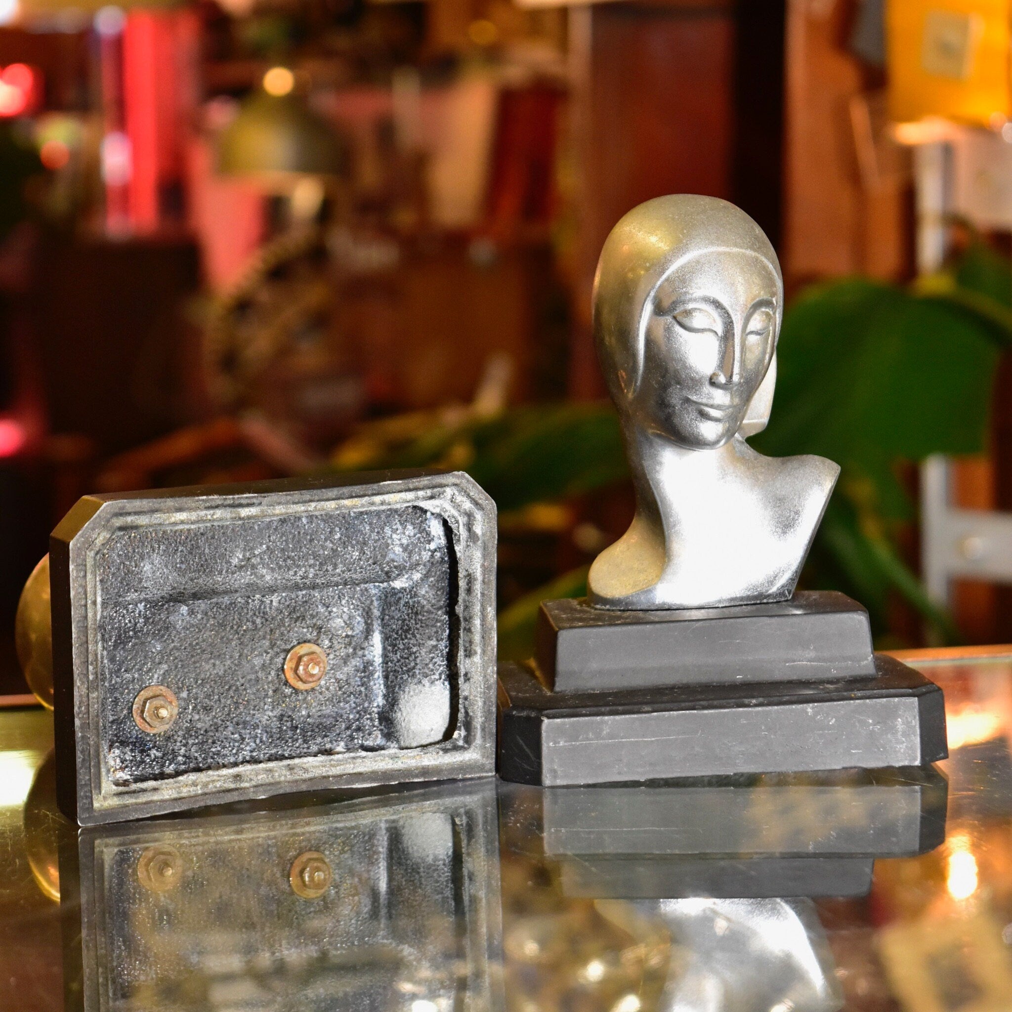 Vintage Art Deco Ladys Bust Bookends After Frankhart Indiana Collectibles, Styled Figural Bookends, Silver & Black, 6 H
