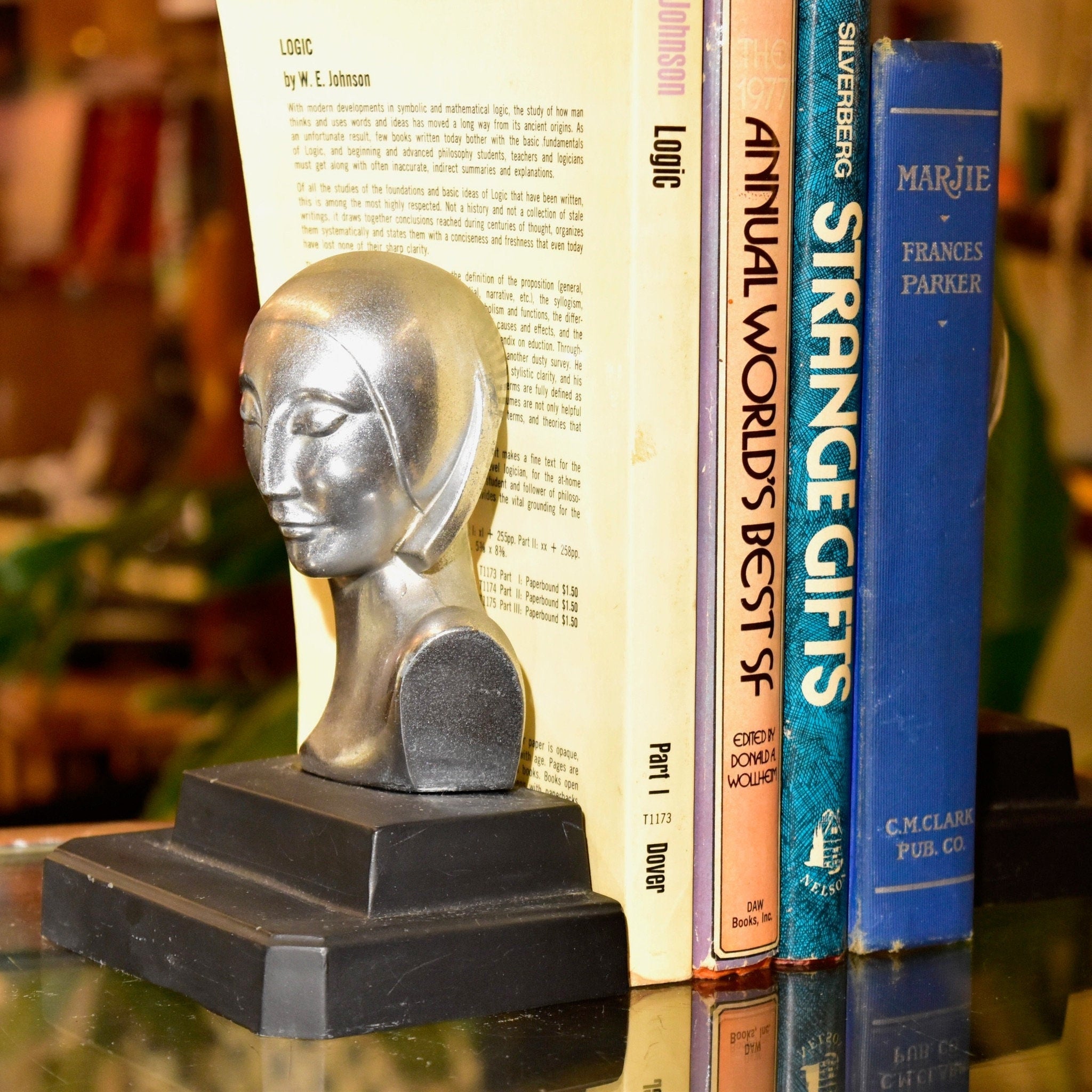 Vintage Art Deco Ladys Bust Bookends After Frankhart Indiana Collectibles, Styled Figural Bookends, Silver & Black, 6 H