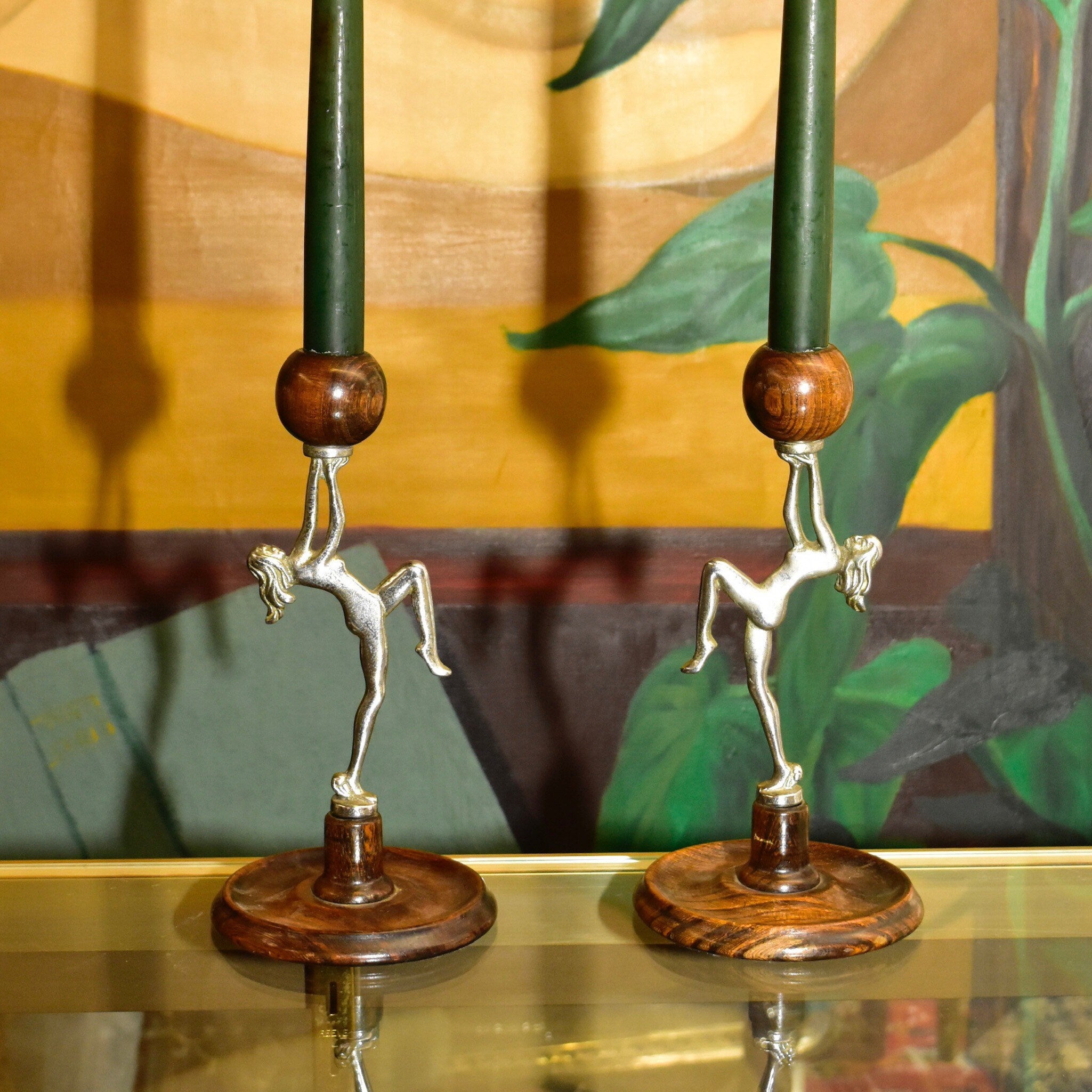 Vintage Art Deco Chrome & Wood Nude Dancing Lady Candlestick Holders, Decorative Figural Candle Stands, 8 3/4" H