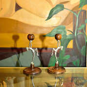 Vintage Art Deco Chrome & Wood Nude Dancing Lady Candlestick Holders, Decorative Figural Candle Stands, 8 3/4" H