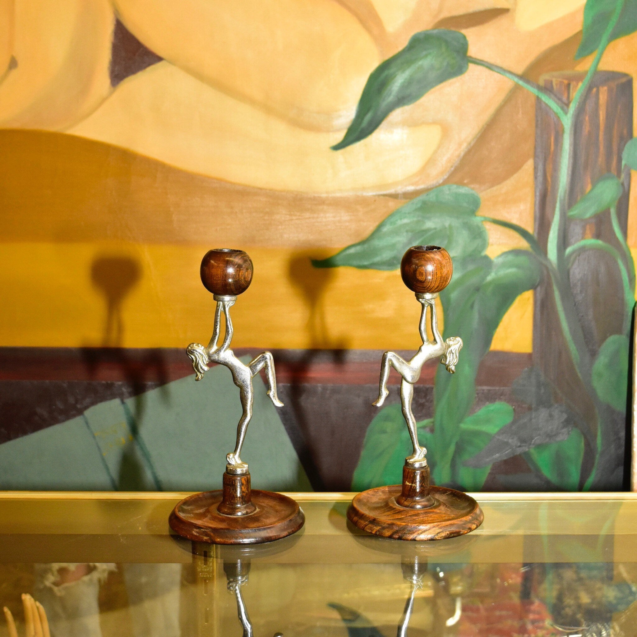 Vintage Art Deco Chrome & Wood Nude Dancing Lady Candlestick Holders, Decorative Figural Candle Stands, 8 3/4" H