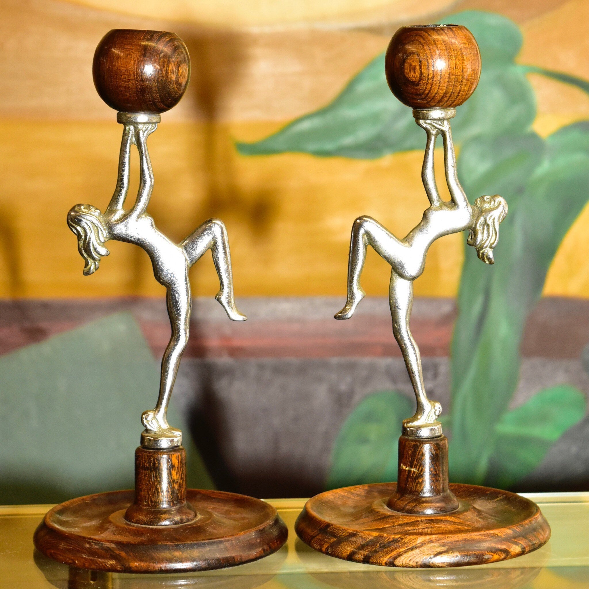 Vintage Art Deco Chrome & Wood Nude Dancing Lady Candlestick Holders, Decorative Figural Candle Stands, 8 3/4" H