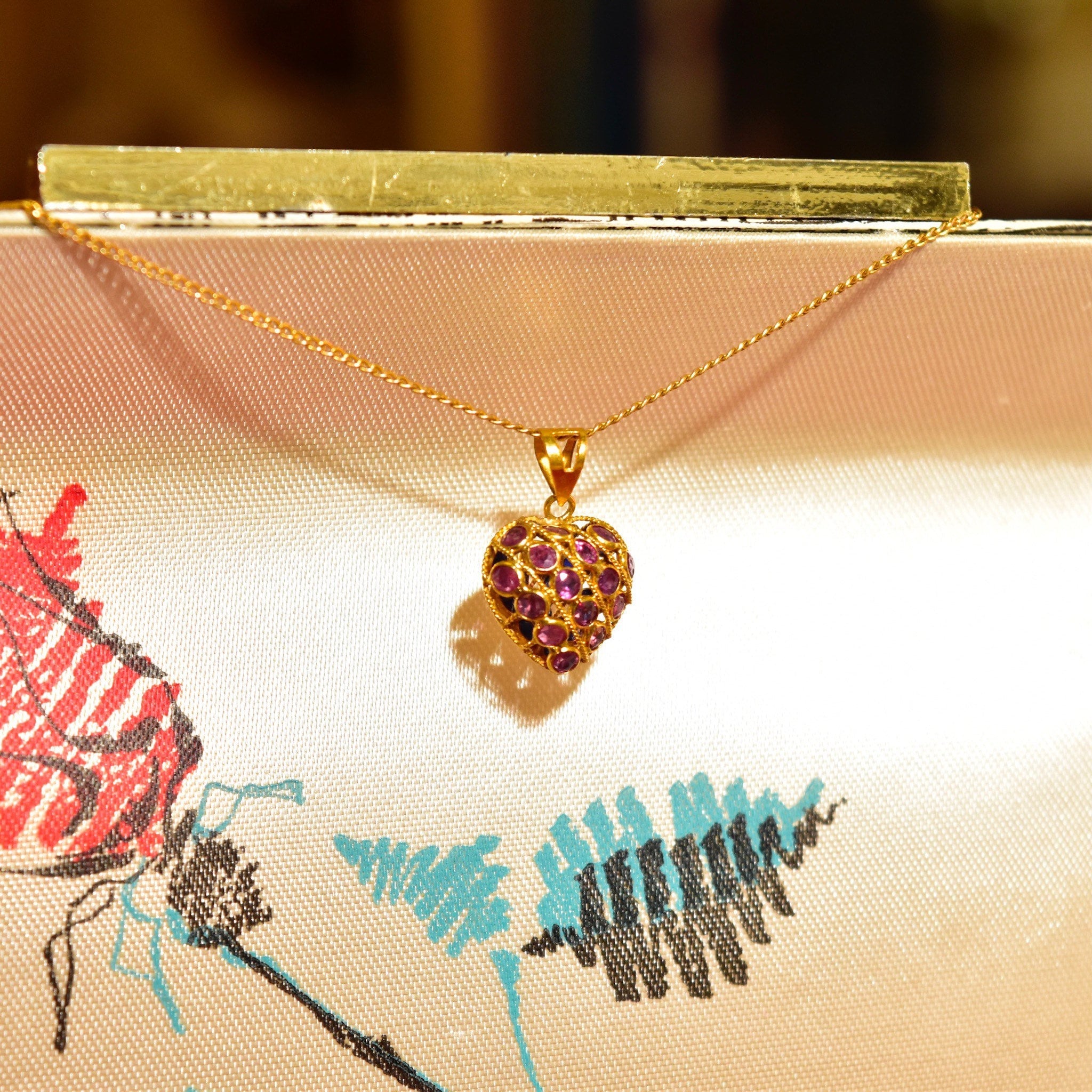 Vintage 18KT Gold Puffed Gemstone Heart Pendant W/ 10K Gold Necklace, Pinky Ruby & Blue Sapphire, Dainty Cable Chain, 18 1/4" L