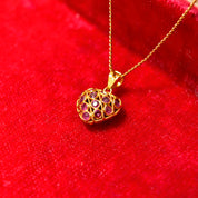 Vintage 18KT Gold Puffed Gemstone Heart Pendant W/ 10K Gold Necklace, Pinky Ruby & Blue Sapphire, Dainty Cable Chain, 18 1/4" L