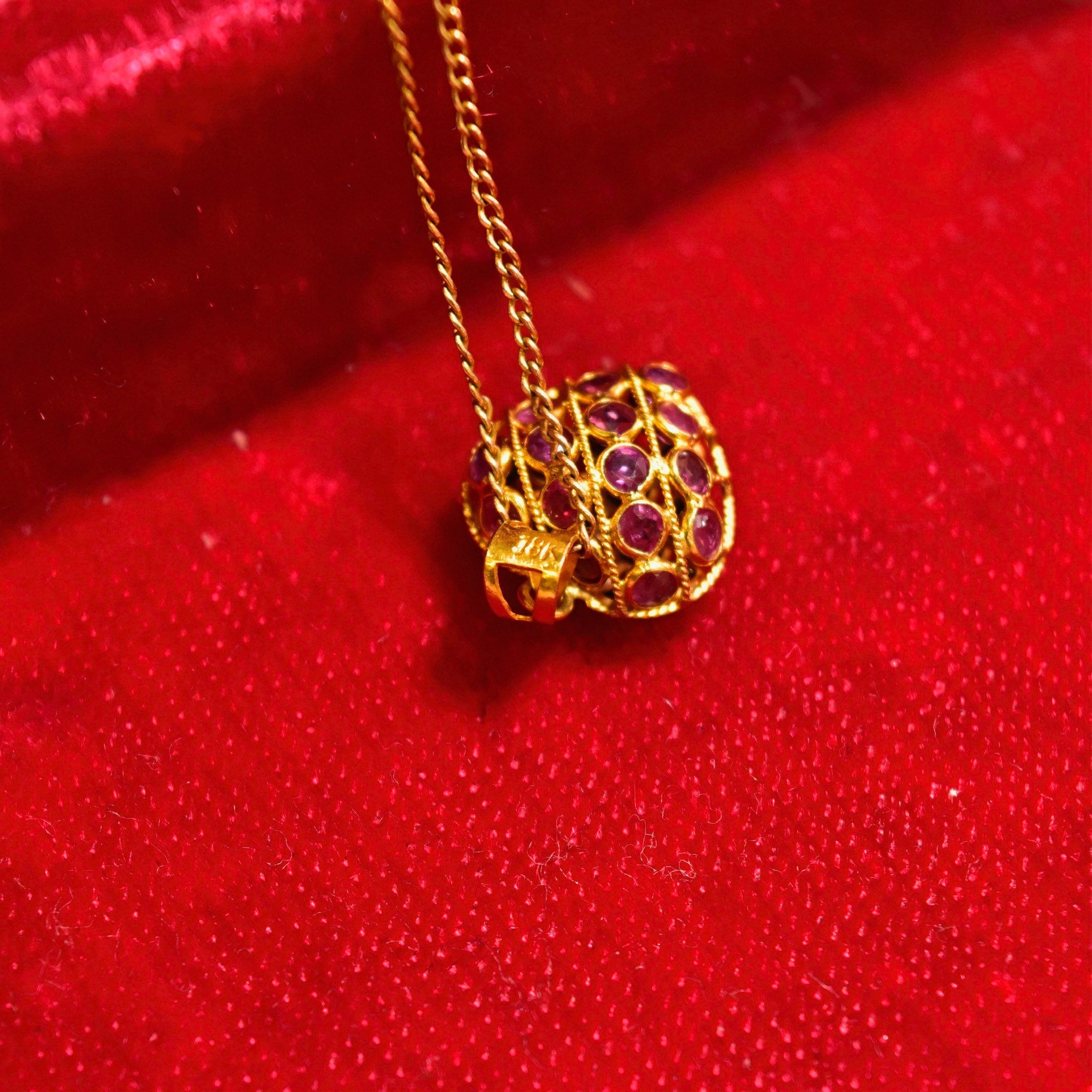 Vintage 18KT Gold Puffed Gemstone Heart Pendant W/ 10K Gold Necklace, Pinky Ruby & Blue Sapphire, Dainty Cable Chain, 18 1/4" L