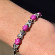 Vintage Sterling Silver Pink Star Sapphire Link Bracelet, Synthetic Gemstone Cabochon Asterisms, Diamond-Cut Leaf Links, 7 1/8" L