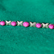 Vintage Sterling Silver Pink Star Sapphire Link Bracelet, Synthetic Gemstone Cabochon Asterisms, Diamond-Cut Leaf Links, 7 1/8" L