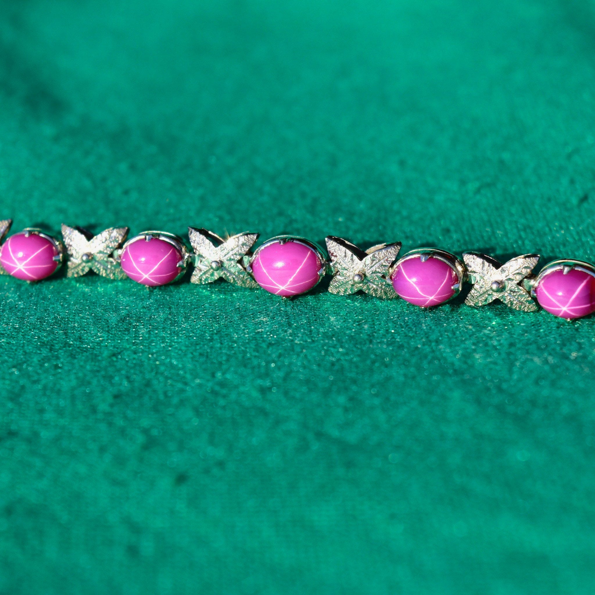 Vintage Sterling Silver Pink Star Sapphire Link Bracelet, Synthetic Gemstone Cabochon Asterisms, Diamond-Cut Leaf Links, 7 1/8" L