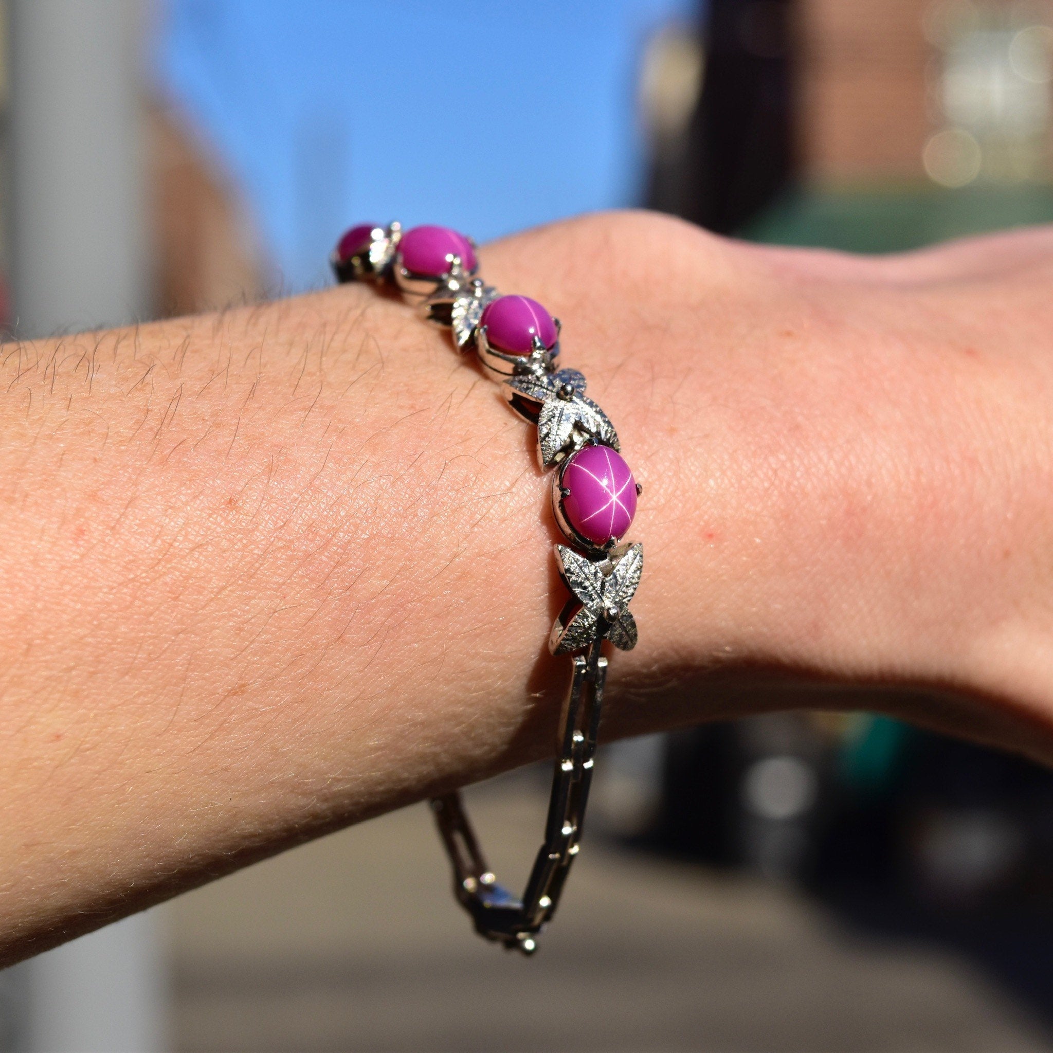 Vintage Sterling Silver Pink Star Sapphire Link Bracelet, Synthetic Gemstone Cabochon Asterisms, Diamond-Cut Leaf Links, 7 1/8" L