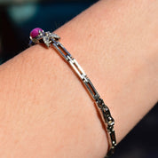 Vintage Sterling Silver Pink Star Sapphire Link Bracelet, Synthetic Gemstone Cabochon Asterisms, Diamond-Cut Leaf Links, 7 1/8" L
