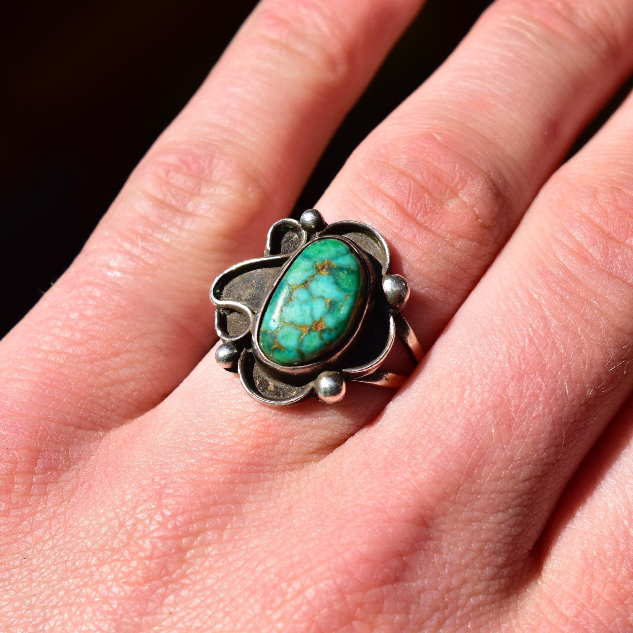 Vintage Signed Navajo Silver Turquoise Ring, Natural Blue Turquoise, Oxidized Silver Setting, Native American Jewelry, Size 7 US