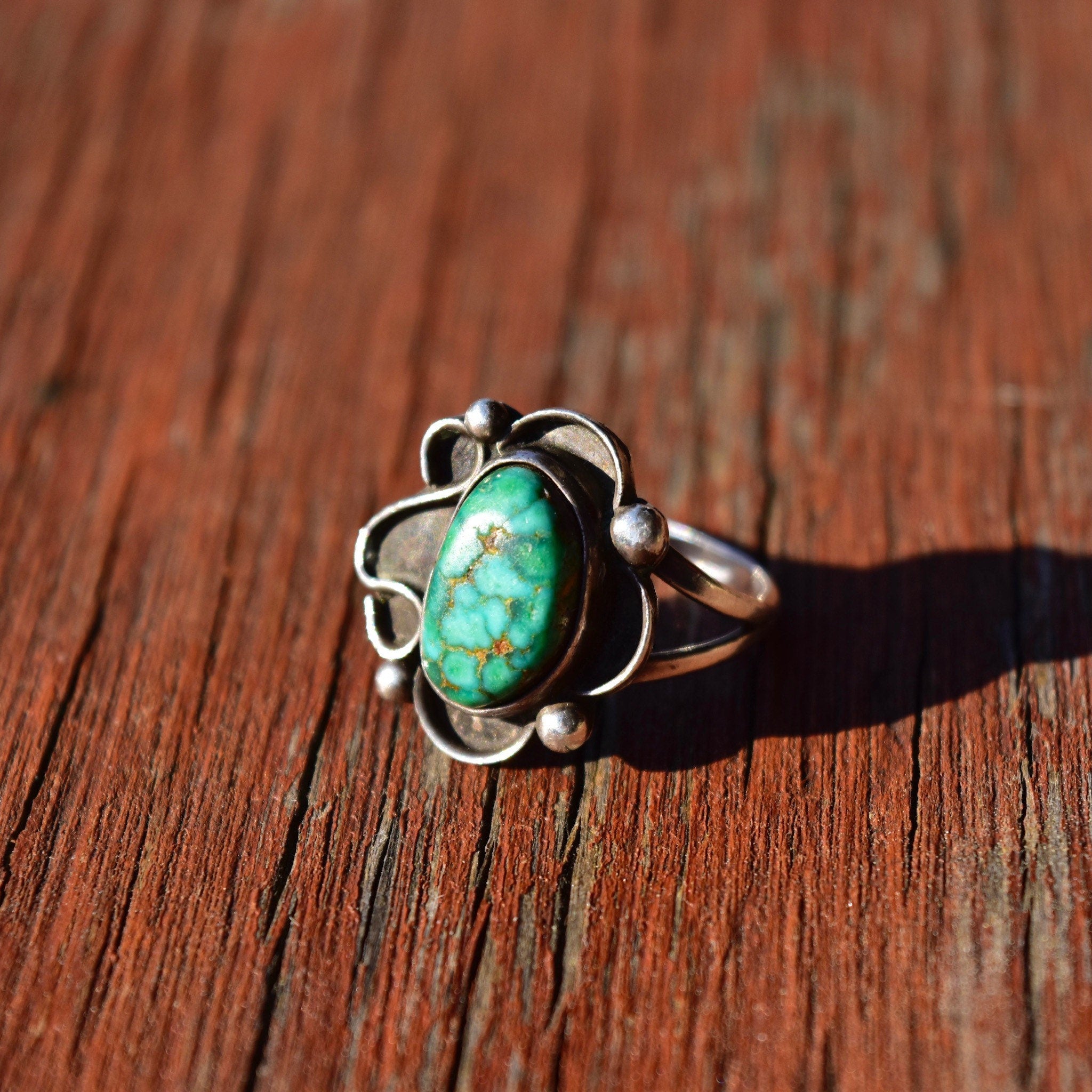 Vintage Signed Navajo Silver Turquoise Ring, Natural Blue Turquoise, Oxidized Silver Setting, Native American Jewelry, Size 7 US