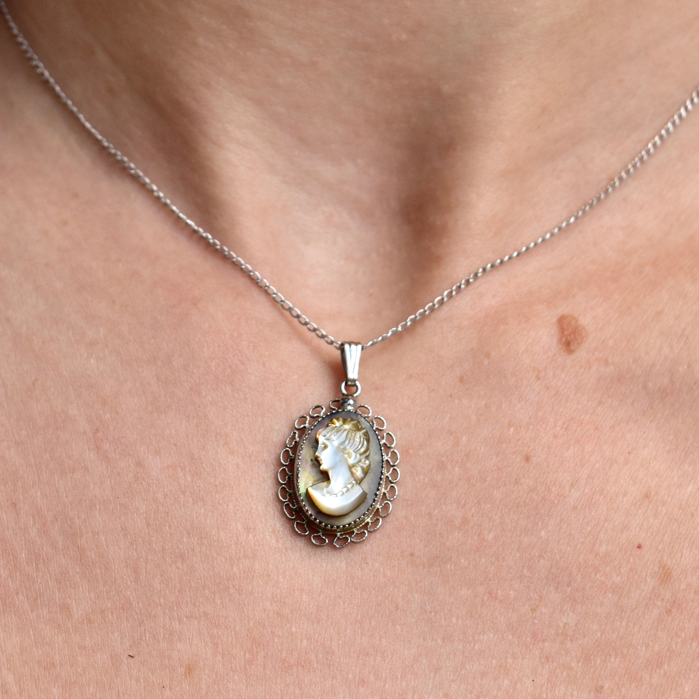 Vintage Sterling Silver Abalone Cameo Pendant Necklace, Classic Relief Shell Carving, Filigree Setting, 1 mm Cable Chain, 15" L