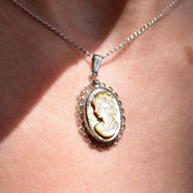 Vintage Sterling Silver Abalone Cameo Pendant Necklace, Classic Relief Shell Carving, Filigree Setting, 1 mm Cable Chain, 15" L