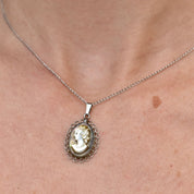 Vintage Sterling Silver Abalone Cameo Pendant Necklace, Classic Relief Shell Carving, Filigree Setting, 1 mm Cable Chain, 15" L