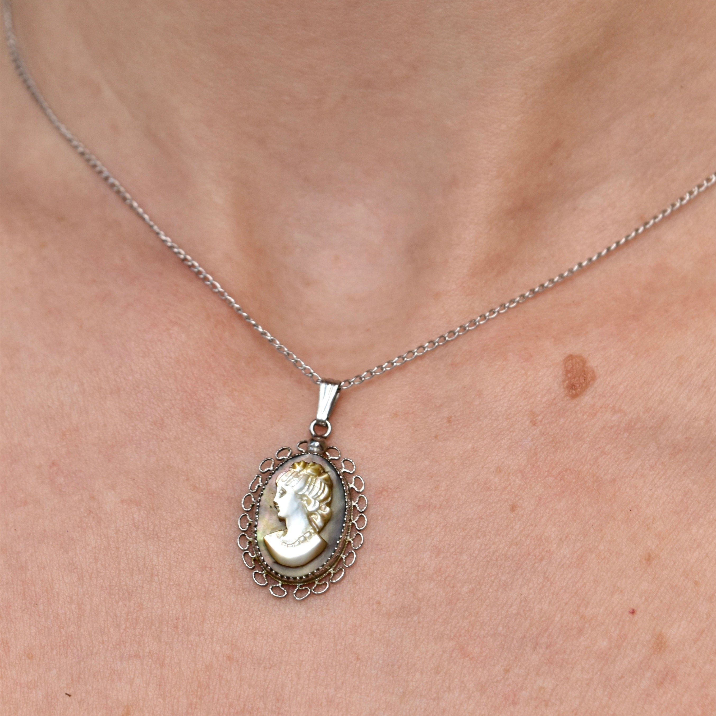 Vintage Sterling Silver Abalone Cameo Pendant Necklace, Classic Relief Shell Carving, Filigree Setting, 1 mm Cable Chain, 15" L