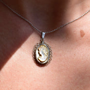 Vintage Sterling Silver Abalone Cameo Pendant Necklace, Classic Relief Shell Carving, Filigree Setting, 1 mm Cable Chain, 15" L