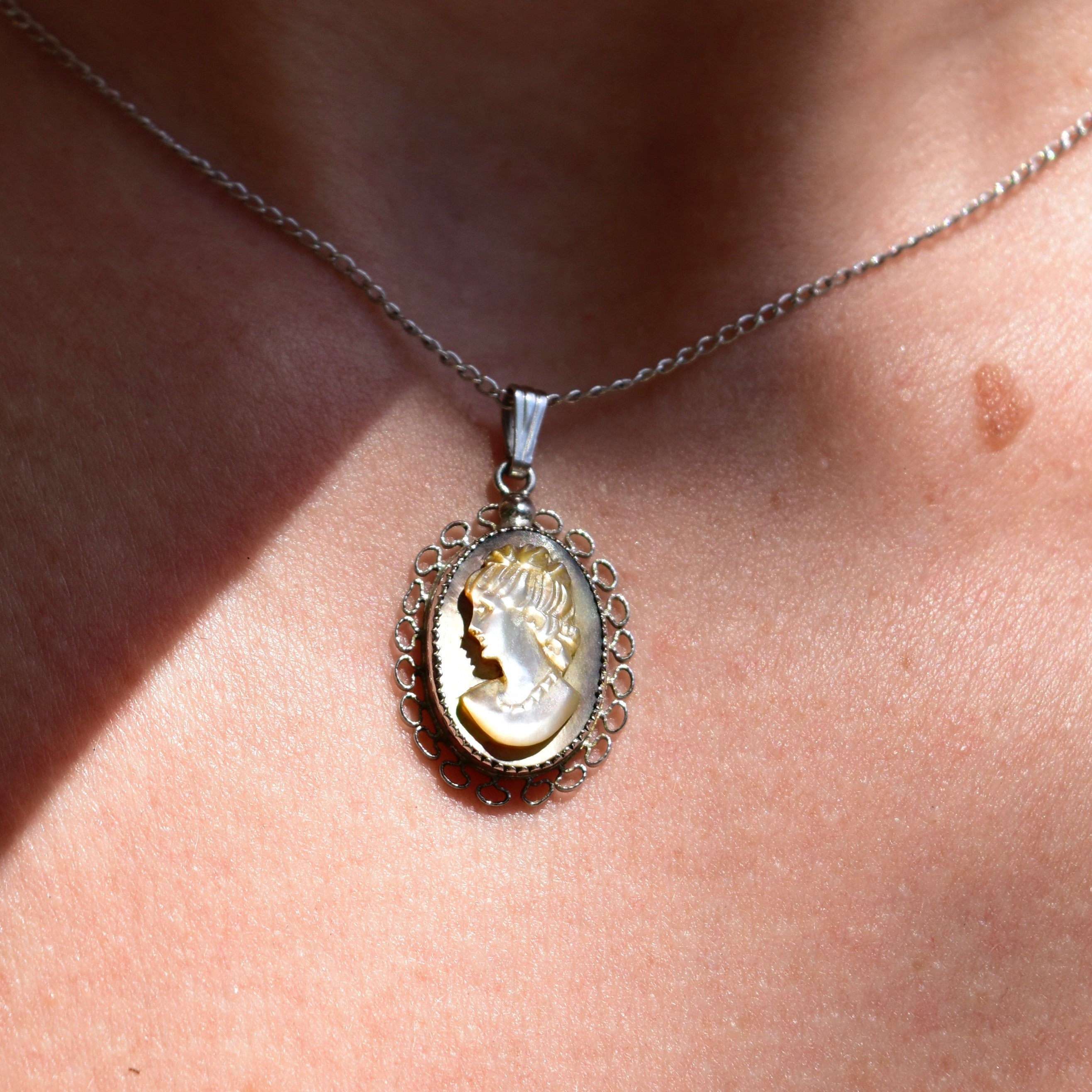 Vintage Sterling Silver Abalone Cameo Pendant Necklace, Classic Relief Shell Carving, Filigree Setting, 1 mm Cable Chain, 15" L