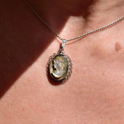 Vintage Sterling Silver Abalone Cameo Pendant Necklace, Classic Relief Shell Carving, Filigree Setting, 1 mm Cable Chain, 15" L