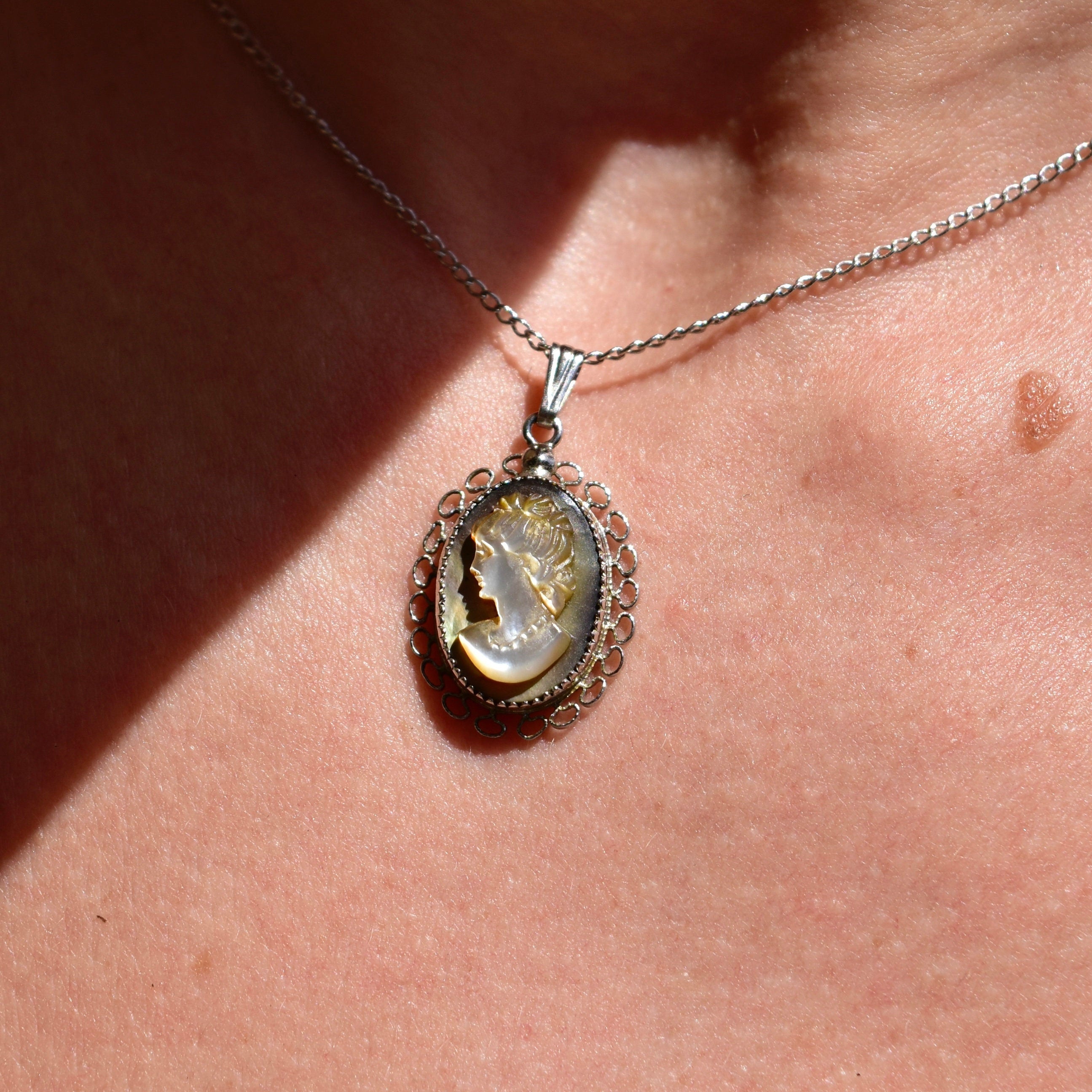Vintage Sterling Silver Abalone Cameo Pendant Necklace, Classic Relief Shell Carving, Filigree Setting, 1 mm Cable Chain, 15" L