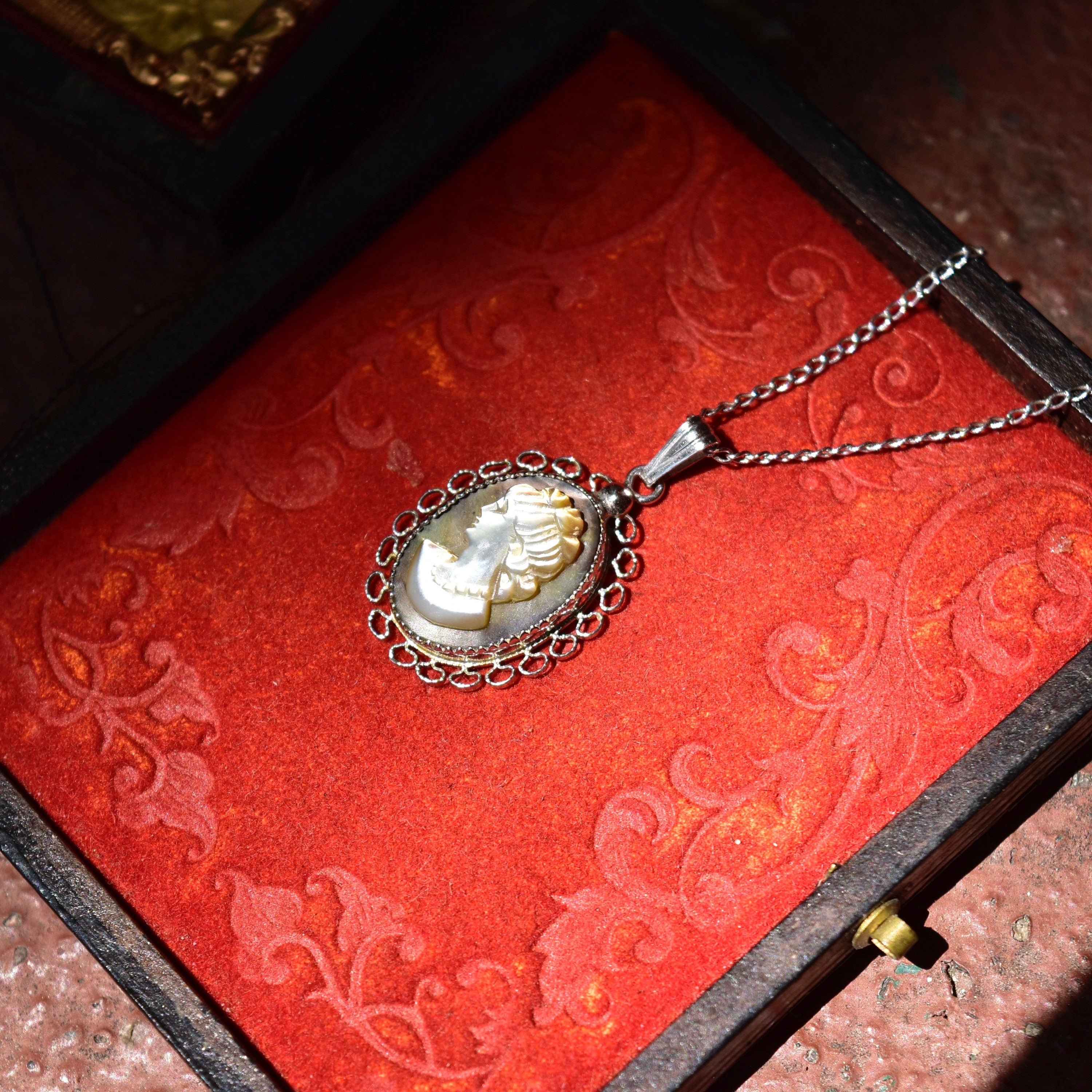 Vintage Sterling Silver Abalone Cameo Pendant Necklace, Classic Relief Shell Carving, Filigree Setting, 1 mm Cable Chain, 15" L