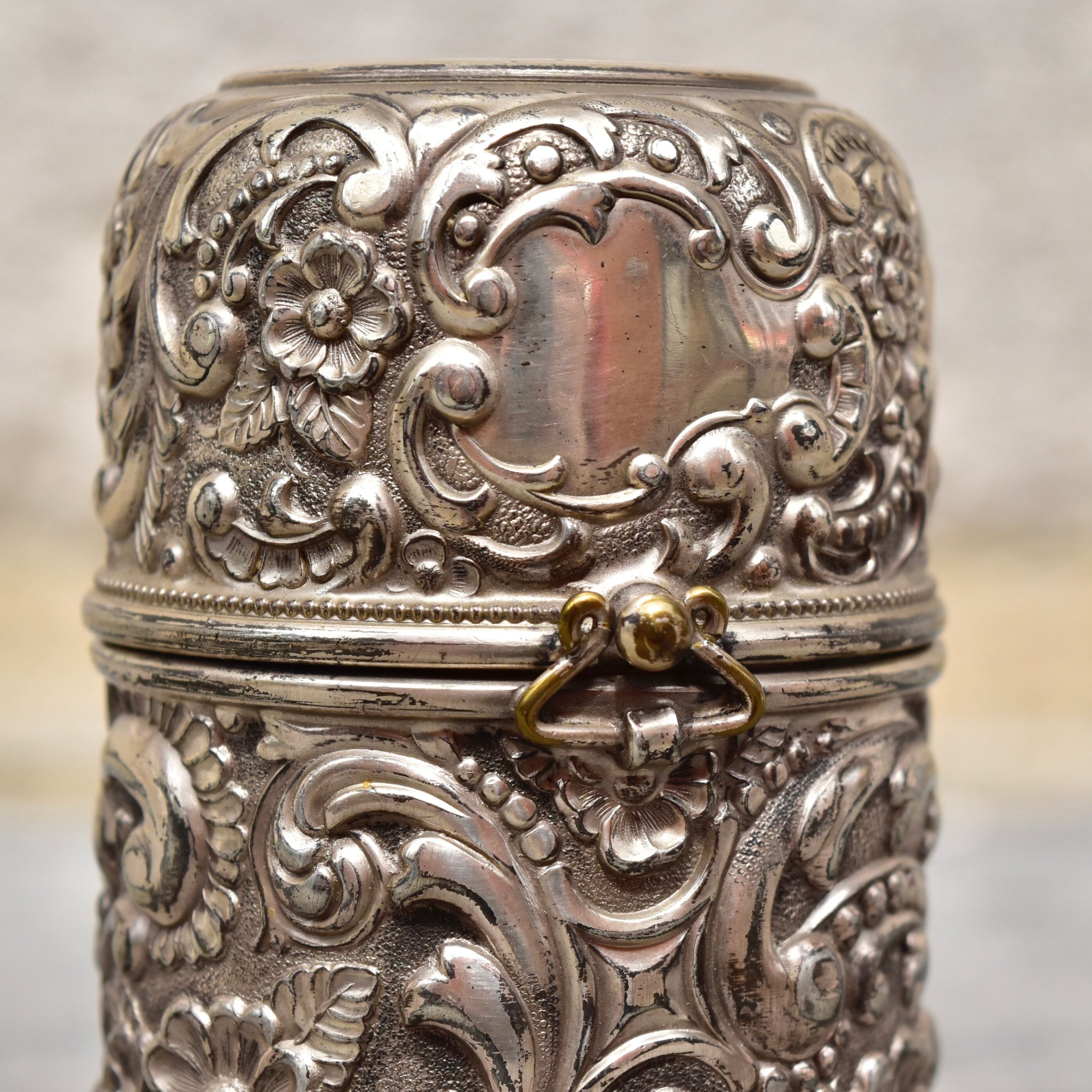 Antique Wilcox Company Repousse Perfume Bottle Holder #3385, Quadruple Silver Plated, Art Nouveau Floral/Scroll Designs, 4 1/4"