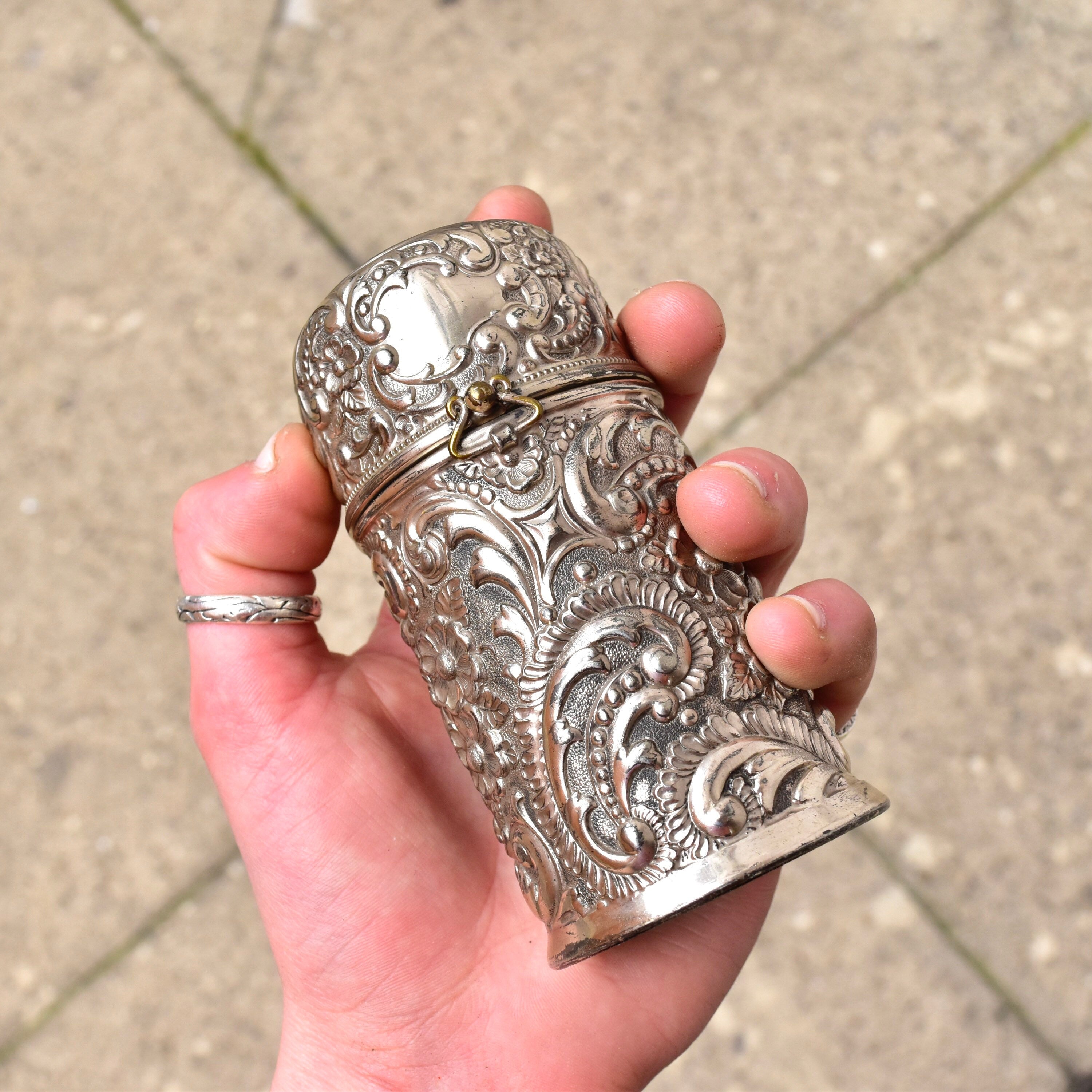 Antique Wilcox Company Repousse Perfume Bottle Holder #3385, Quadruple Silver Plated, Art Nouveau Floral/Scroll Designs, 4 1/4"