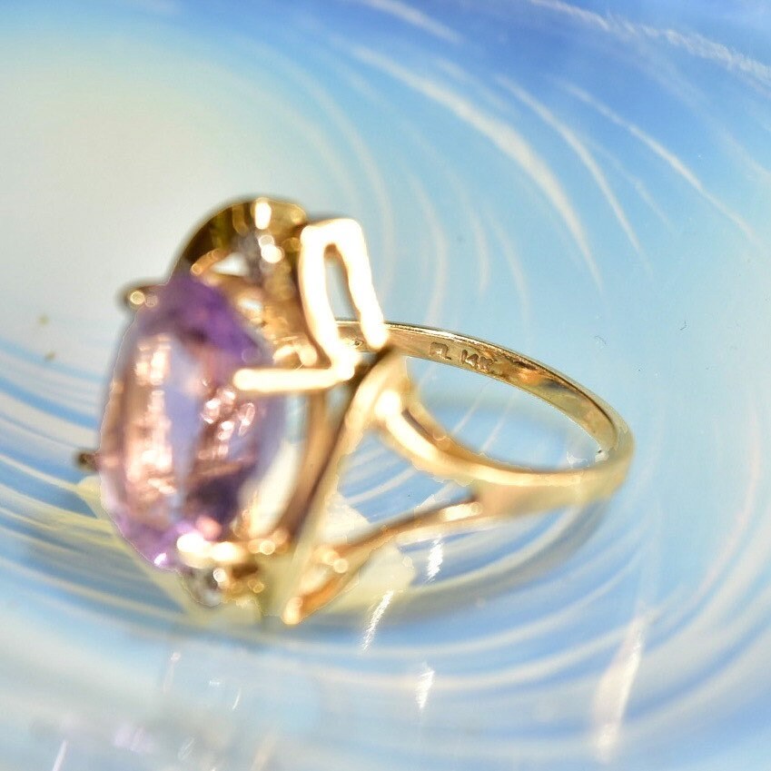 14K Pink Sapphire Cocktail Ring, White Gold Diamond Accents, Simulated Gemstone, Fancy Gold Ring, Size 6 1/4 US