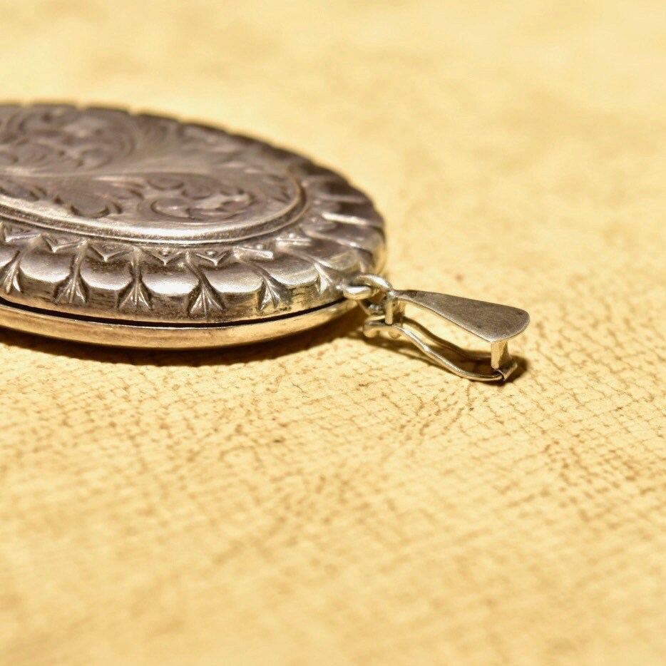 Vintage 1977 English Hallmarked Engraved Sterling Silver Locket Pendant, Joseph Smith and Sons, Art Nouveau Revival, 2 7/8" L