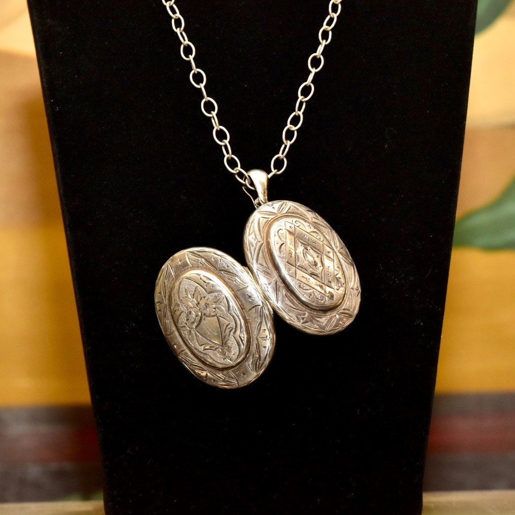 Vintage/Antique Hand-Engraved Sterling Silver Locket, Intricate Designs, Floral Motifs, Ornate Two-Sided Picture Locket, 2 5/8" L