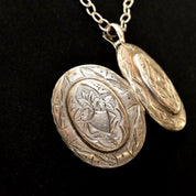 Vintage/Antique Hand-Engraved Sterling Silver Locket, Intricate Designs, Floral Motifs, Ornate Two-Sided Picture Locket, 2 5/8" L