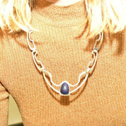 Vintage Signed TAXCO Modernist Sterling Silver Sodalite Chevron Pendant Necklace, Geometric Silver Cutout Links, RJC TR-26 Mexico, 22" L