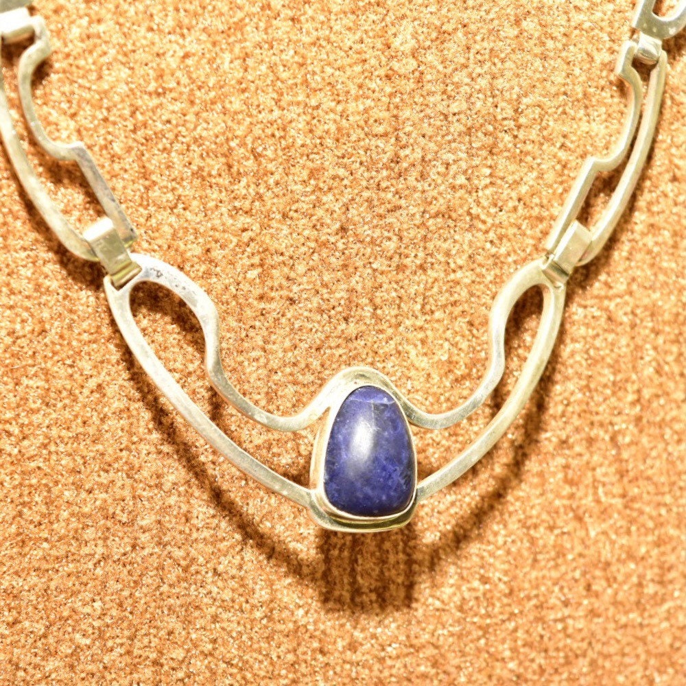 Vintage Signed TAXCO Modernist Sterling Silver Sodalite Chevron Pendant Necklace, Geometric Silver Cutout Links, RJC TR-26 Mexico, 22" L