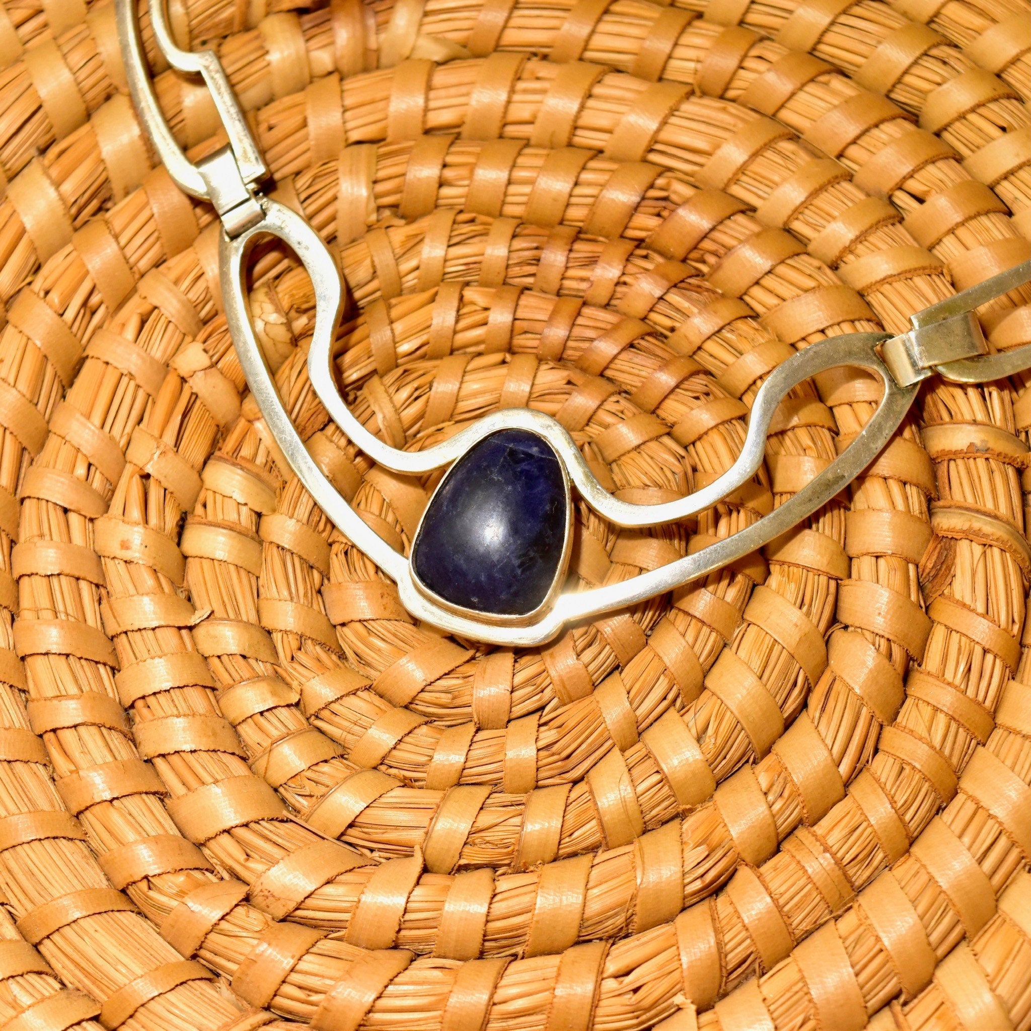 Vintage Signed TAXCO Modernist Sterling Silver Sodalite Chevron Pendant Necklace, Geometric Silver Cutout Links, RJC TR-26 Mexico, 22" L