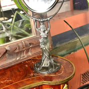 Antique Art Nouveau Figural Vanity Mirror, Cast Bronze Pedestal Swivel Mirror, Heavy Patina, Original Glass Mirror, 16 1/2 H