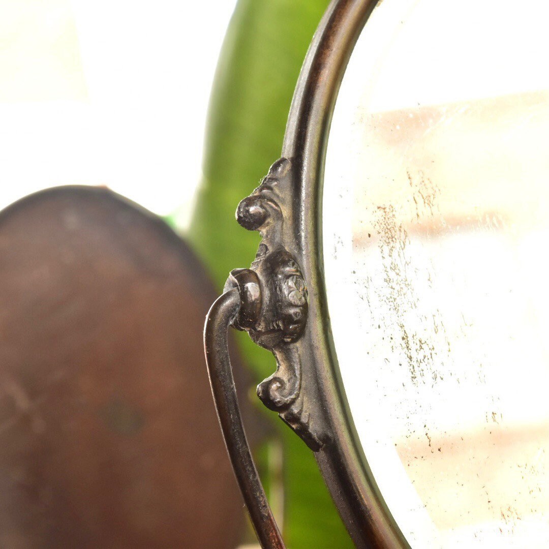 Antique Art Nouveau Figural Vanity Mirror, Cast Bronze Pedestal Swivel Mirror, Heavy Patina, Original Glass Mirror, 16 1/2 H