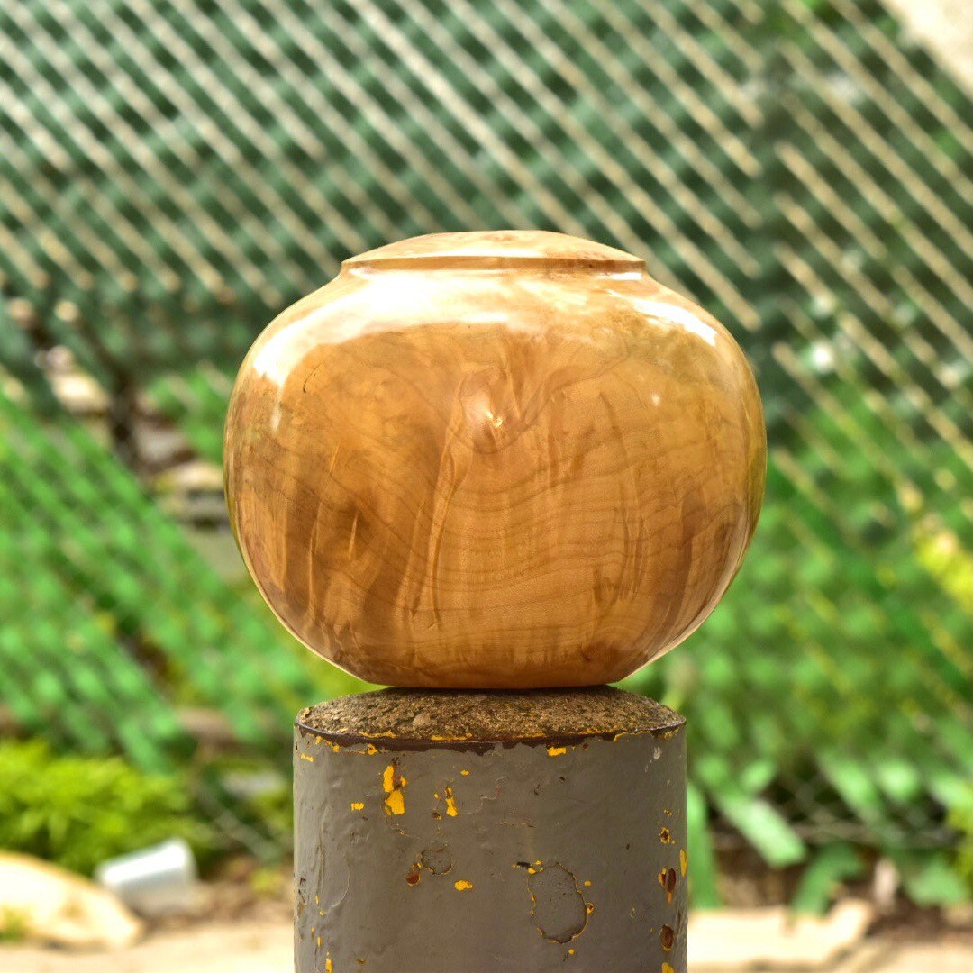 Vintage Signed Al Parry Figured Chestnut Vase, Decorative Wooden Vase, Contemporary Table Center Piece, 5.5" H