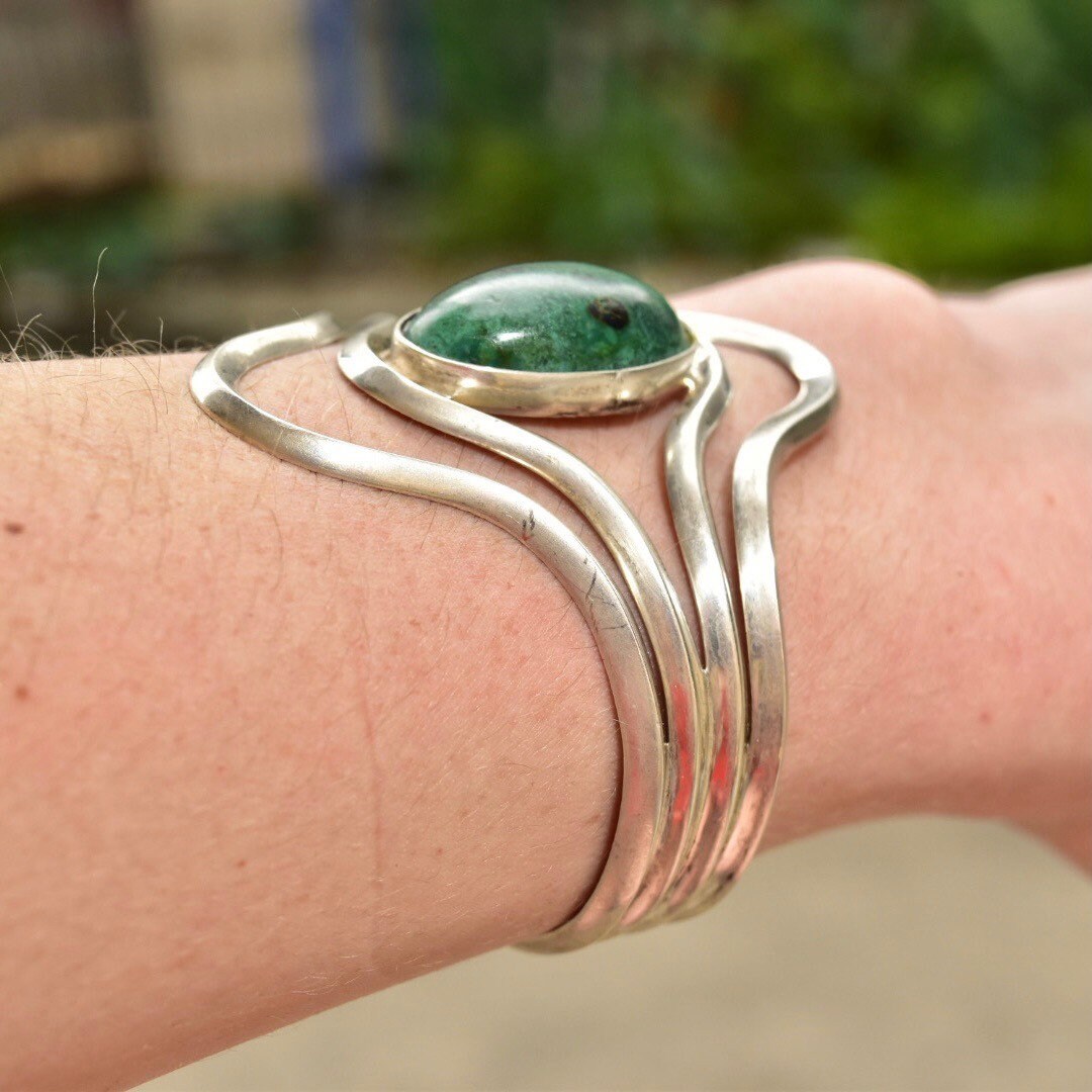 Vintage Modernist Sterling Silver Turquoise Cuff Bracelet, Adjustable, Natural Turquoise Cabochon, 925 Jewelry,