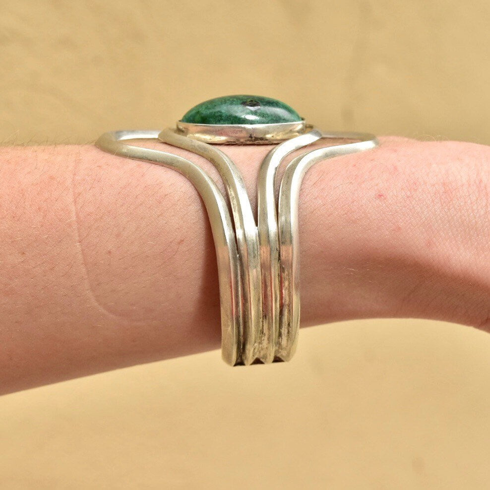 Vintage Modernist Sterling Silver Turquoise Cuff Bracelet, Adjustable, Natural Turquoise Cabochon, 925 Jewelry,