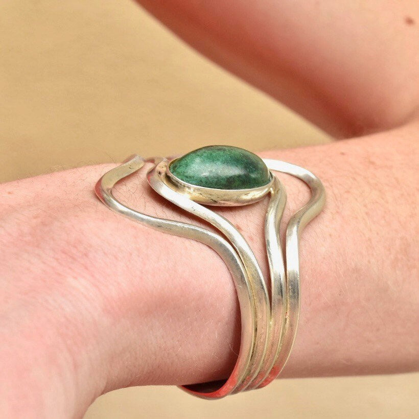 Vintage Modernist Sterling Silver Turquoise Cuff Bracelet, Adjustable, Natural Turquoise Cabochon, 925 Jewelry,