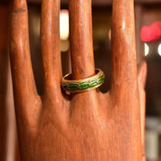 Vintage MMA 14K Gold Green Enamel Diamond Chip Band Ring, Layered Guilloche Enamel, Diamond Pave 'X', 8mm Gold Band, Size 9 US